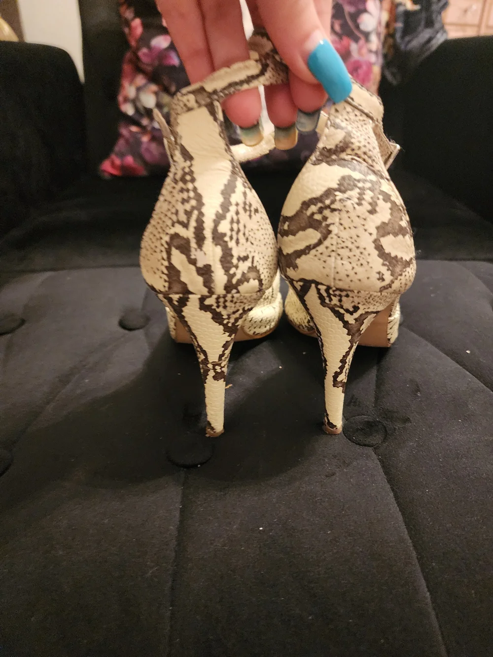 Colin Stuart Pointed Snake-Print Ankle-Strap Heels in Beige Size 7.5